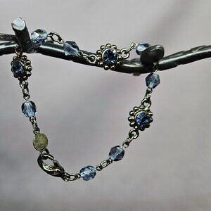 Black Bracelet with Blue Crystals & Beads and Black Lobster Clasp Vintage 6.25"